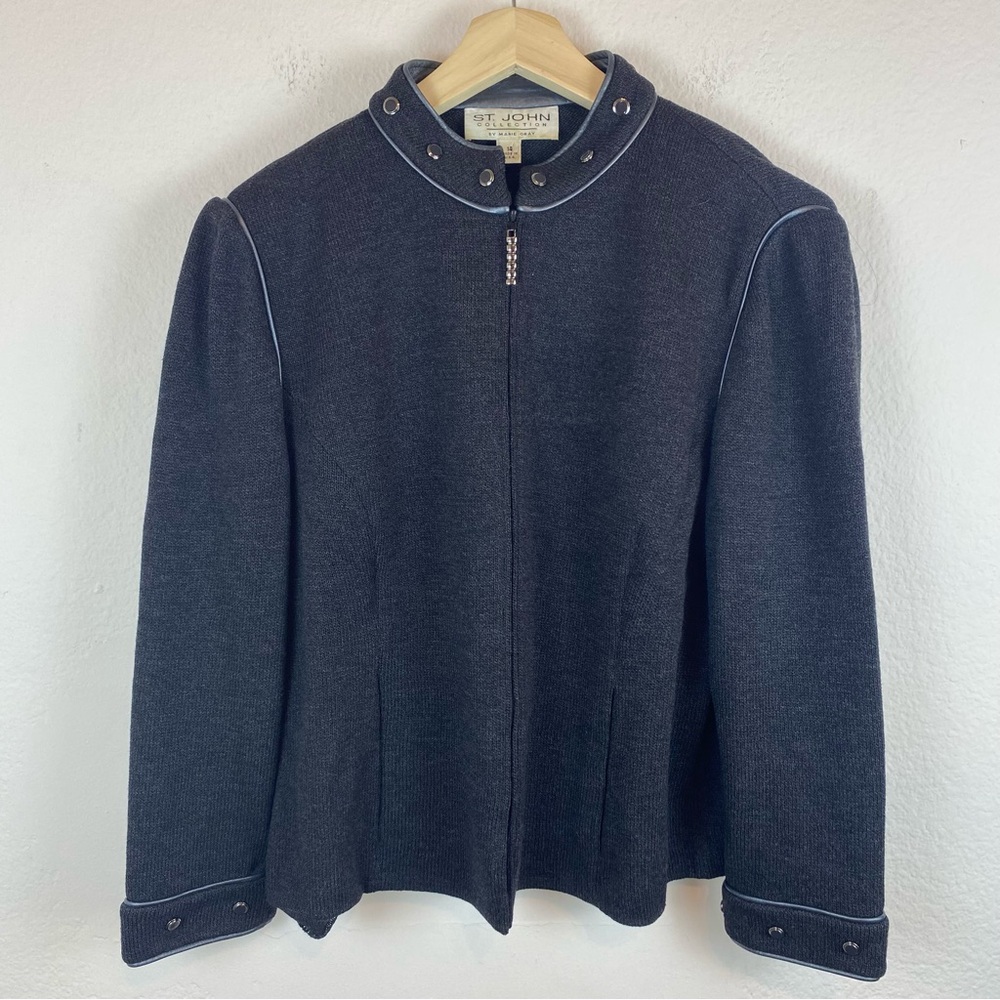 St John Collection Women’s Size 14 Jacket Full Zip‎ Knit Leather Button Career
